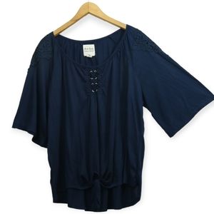 New York Laundry Blue Pleated Crochet Lace Bell Sleeve Top
